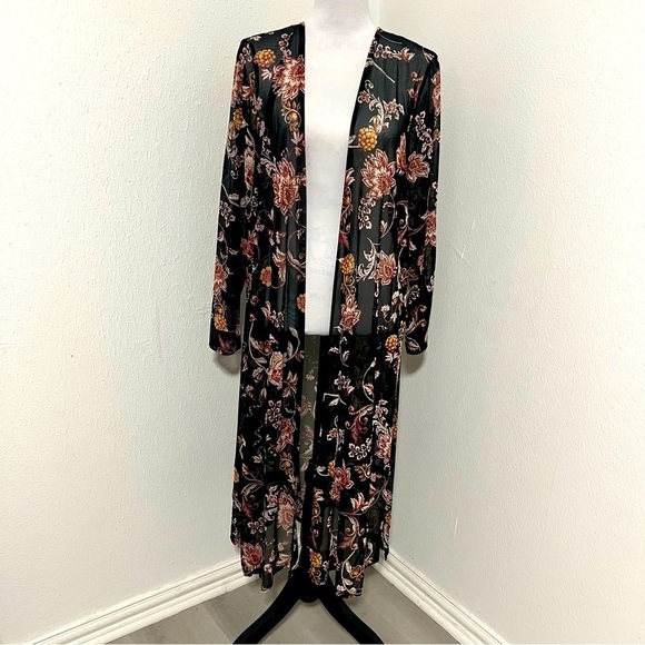 L.I.F.E Love Is For Eternity Large Blk Floral Chiffon Duster Kimono Translucent - Picture 3 of 10